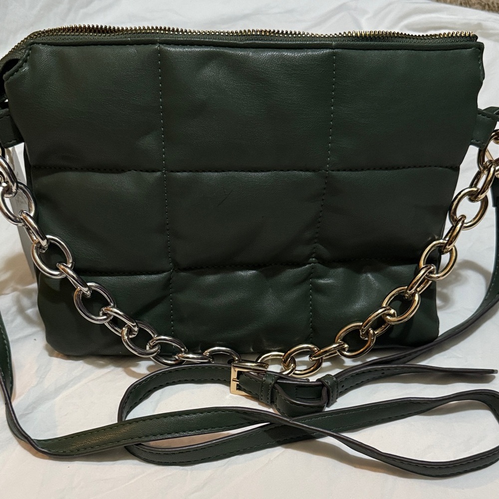 Landry Chic Dark Green Quilted Shoulder Bag with Chain Accent